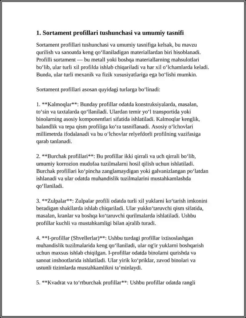 SORTAMENT PROFILLARI HAQIDA UMUMIY MA`LUMOT 3