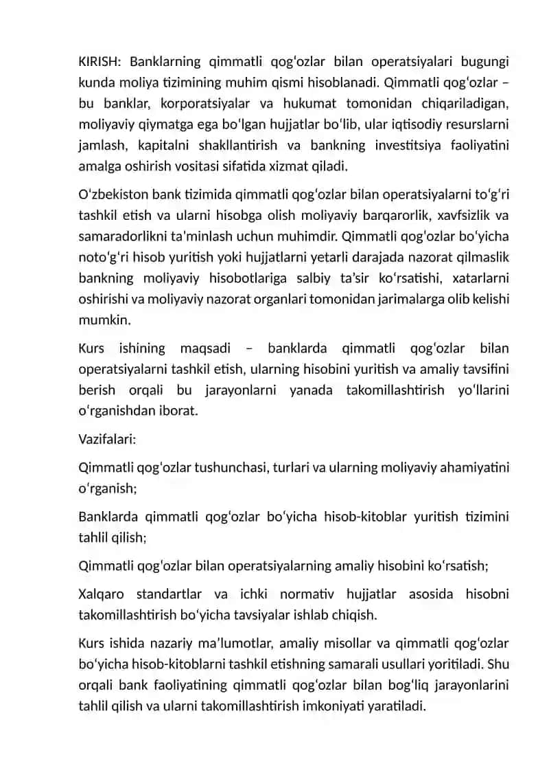 Banklarning qimmatli qog’ozlar bilan operatsiyalari tavsifi va hisobi 3