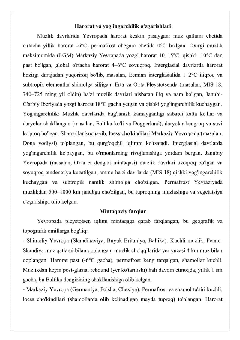 Yevropaning pleystotsen davri iqlimi tezis 3