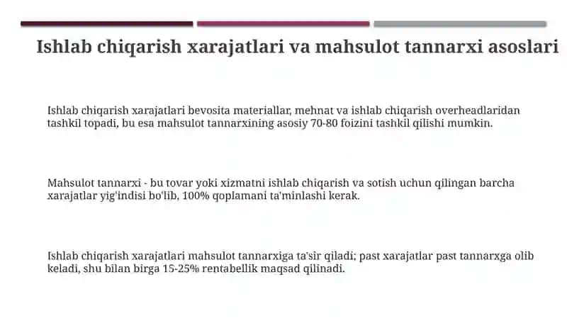 Ishlab chiqarish xarajatlari va mahsulot tannarxi 3