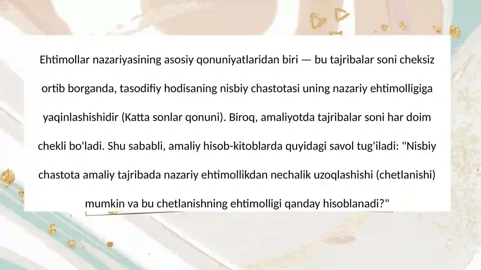 Nisbiy chastotaning oʻzgarmas ehtimollikdan chetlanishining ehtimolligi 3