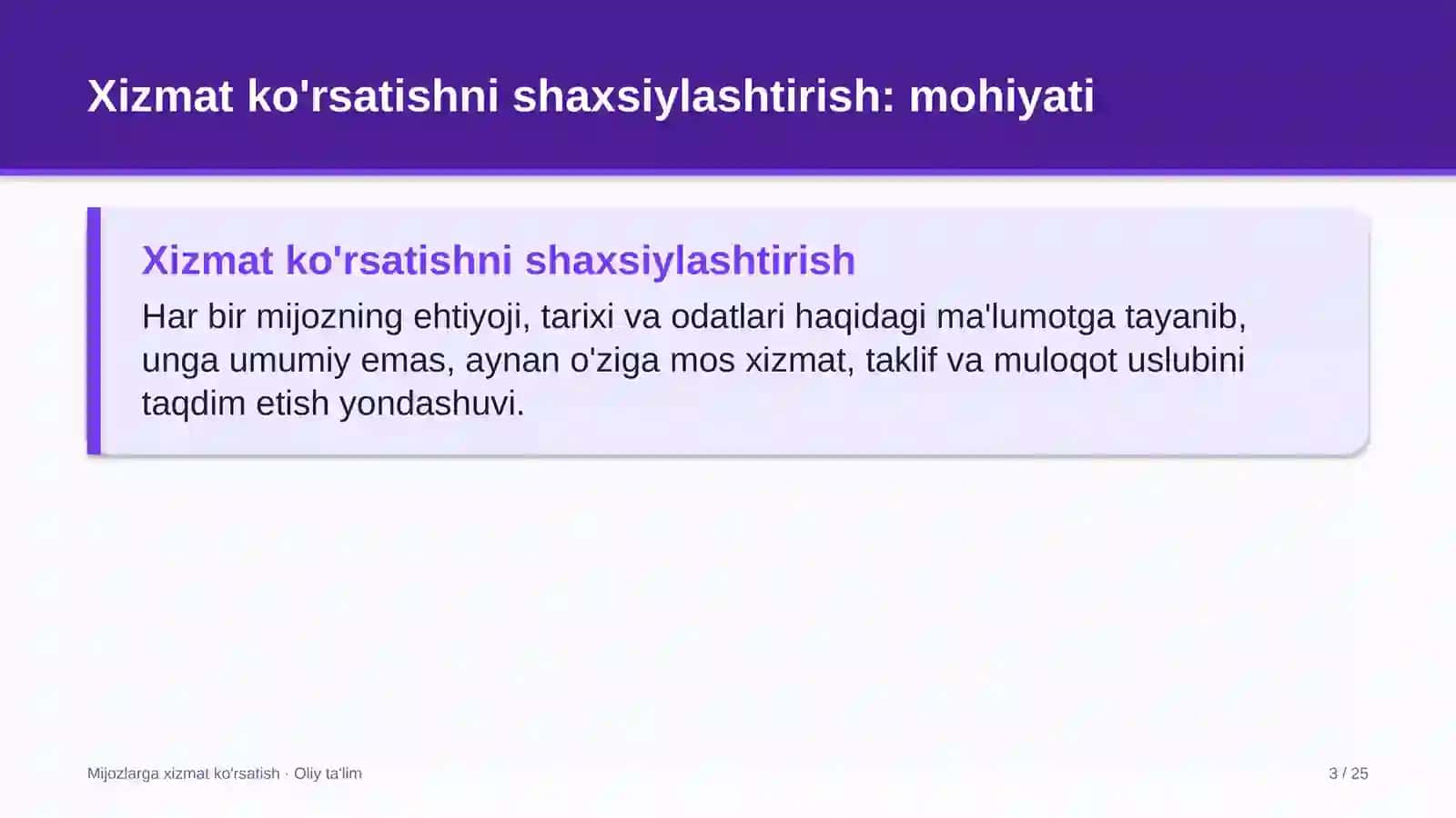 MIJOZLARGA XIZMAT KO'RSATISH · OLIY TA'LIM 3