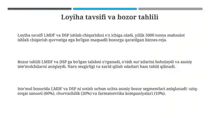 Biznes loyixa LMDF va dsp ishlab chiqarish 3