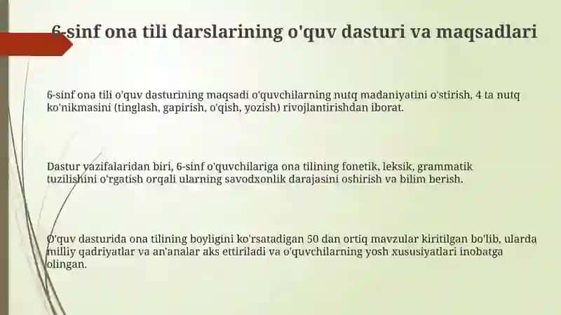 Umumiy oʻrta taʼlim maktablarining 6-sinf "ona tili"darslarini mazmunini oʻrganish 3