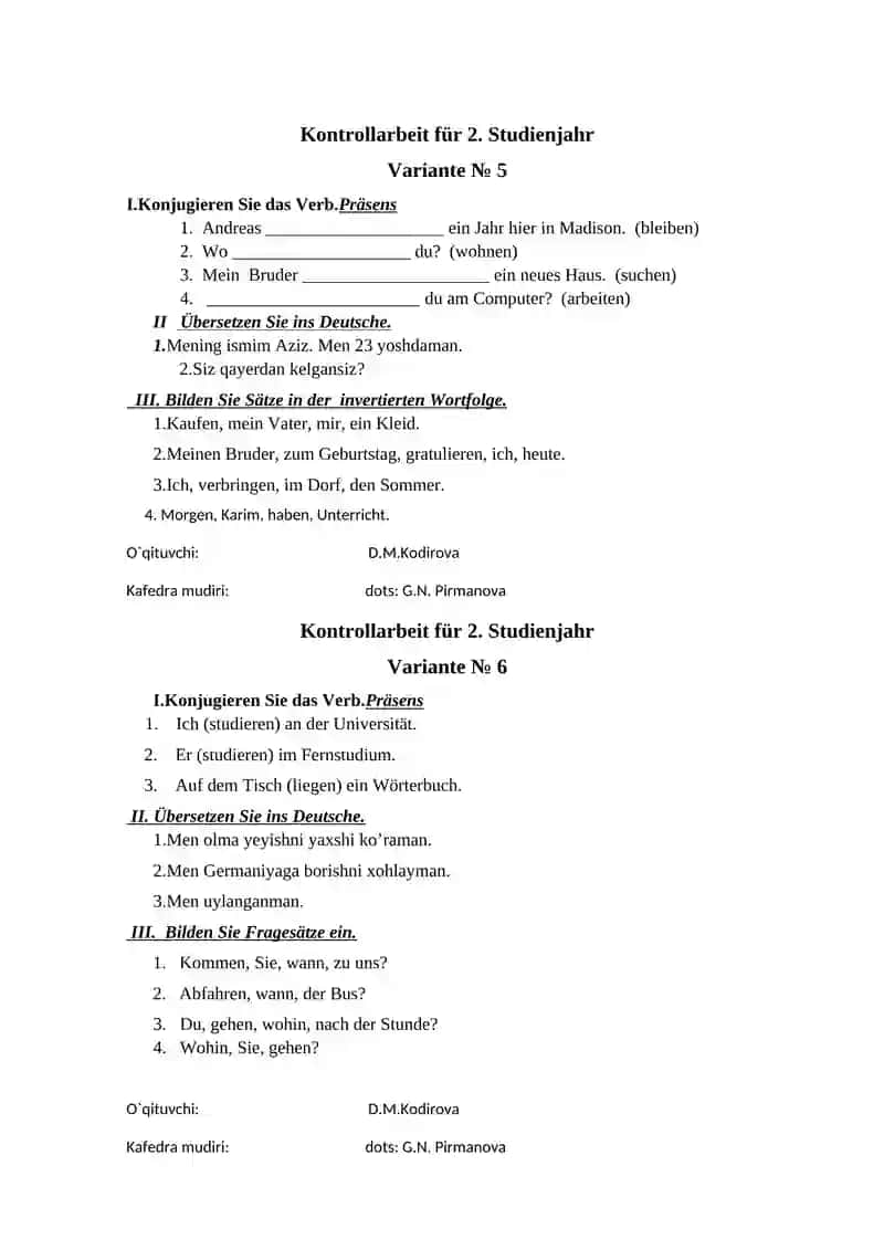 Kontrollarbeit für 2. Studienjahr 3