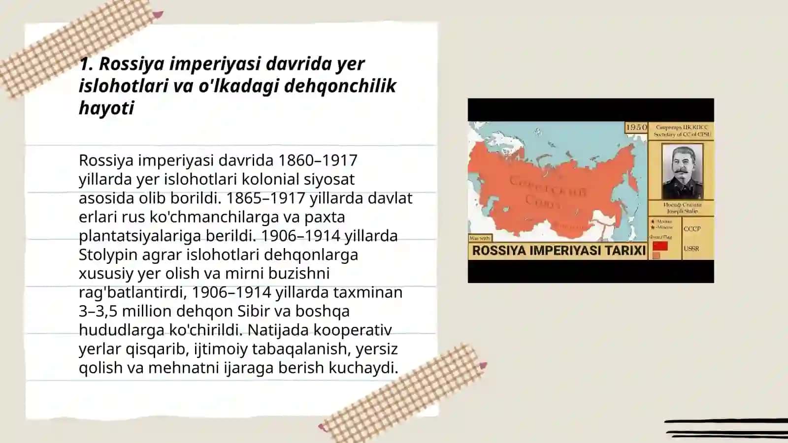 Rossiya Imperiyasi va sovet hukmronligi davrida o'lkadagi ijtimoiy-iqtisodiy, siyosiy va ma'naviy jarayonlar 3