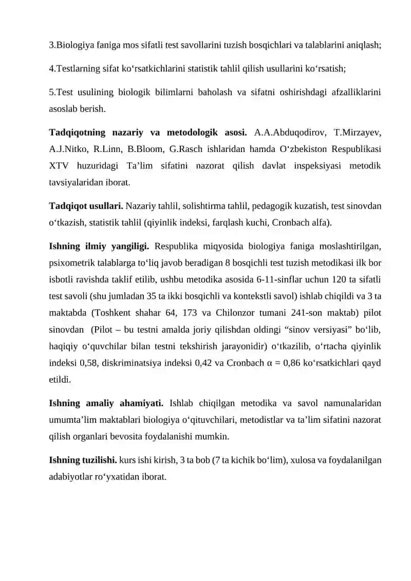 O‘QUVCHILARNING BIOLOGIK BILIMLARINI BAHOLASHDA TEST TUZISH METODIKASI 3