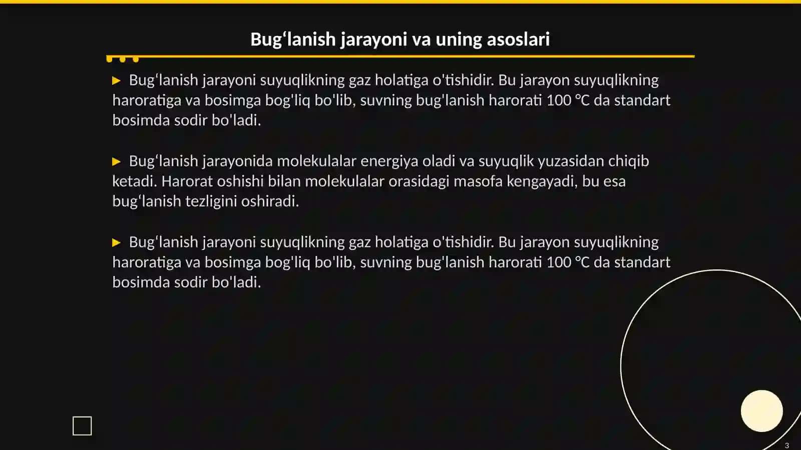 Bugʻlanish. Kondensatsiya. To'yingan bug‘. Namlik. Suyuqliklarning qaynashi 3