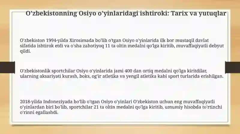 O'zbekiston sportchilarini Osiyo o'yinlarida ishtiroki 3