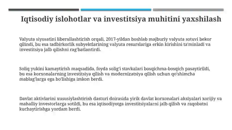 Mirziyoyev islohotlarining asosiy yo'nalishlari va yutuqlari 3