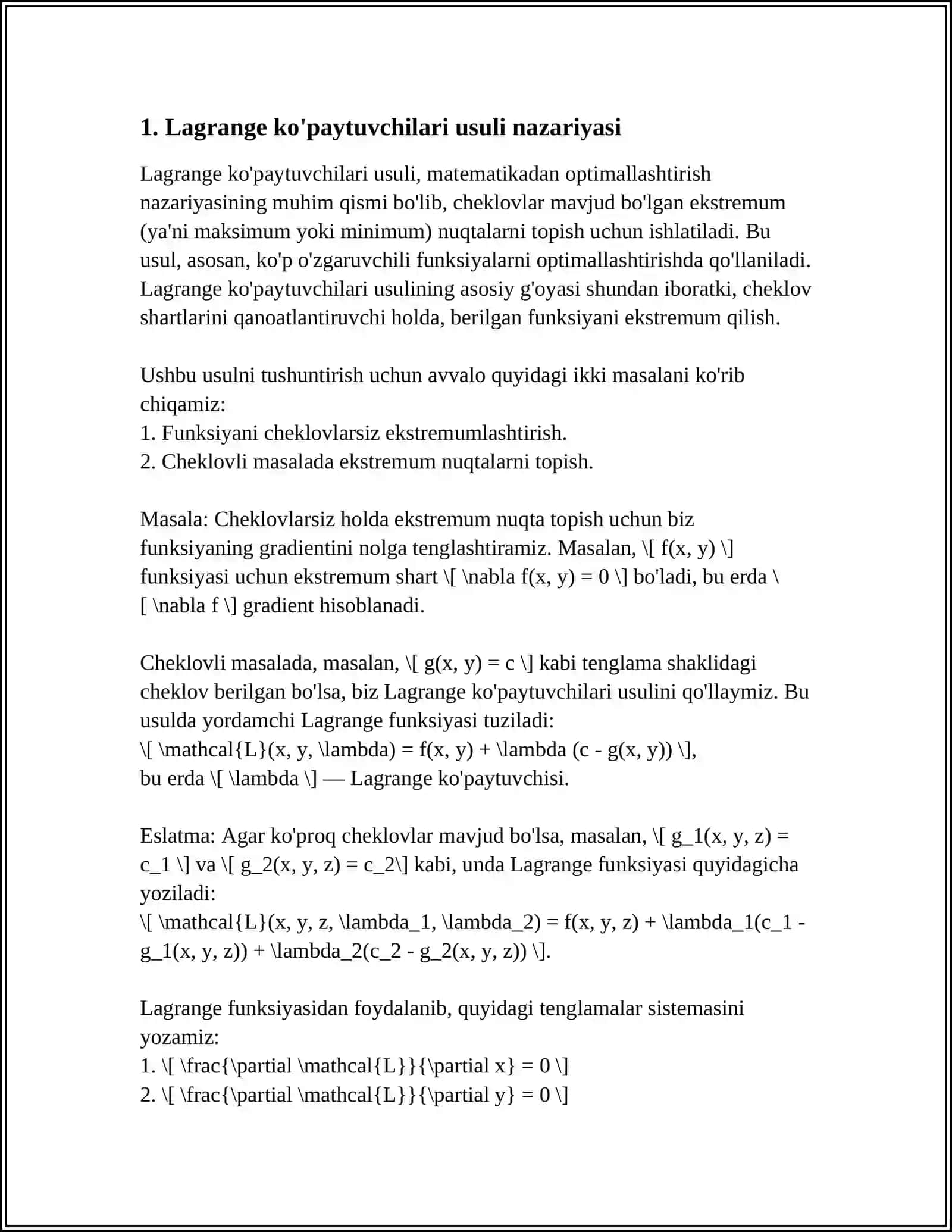 Lagranj ko'paytuvchilari usuli 3