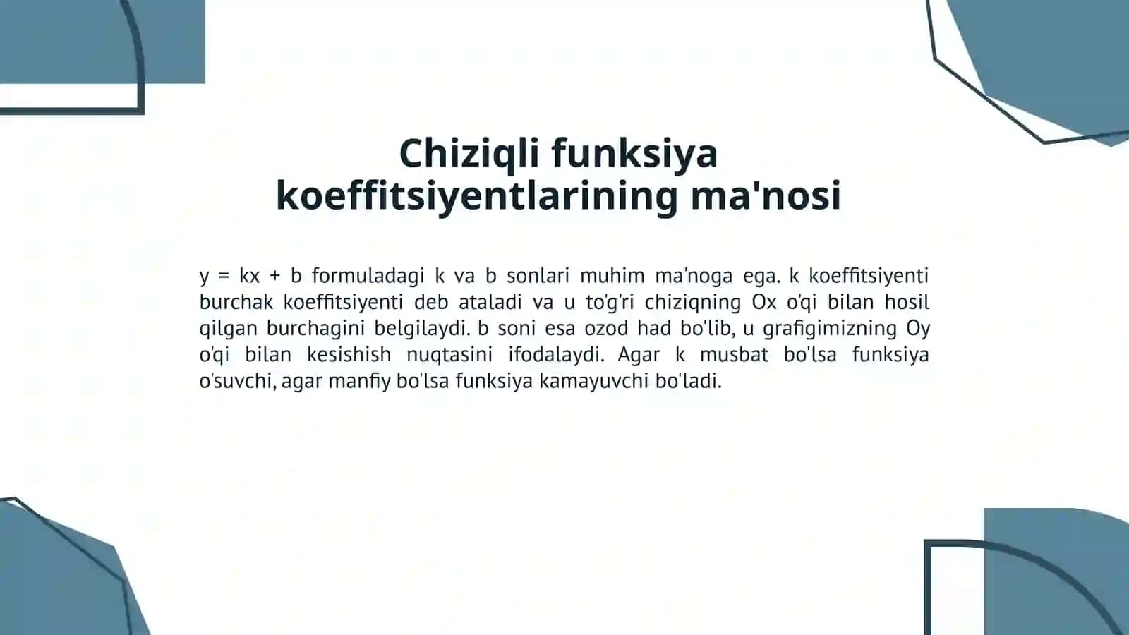 Chiziqli funksiya va uning xossalari: Reja va asosiy tushunchalar 3