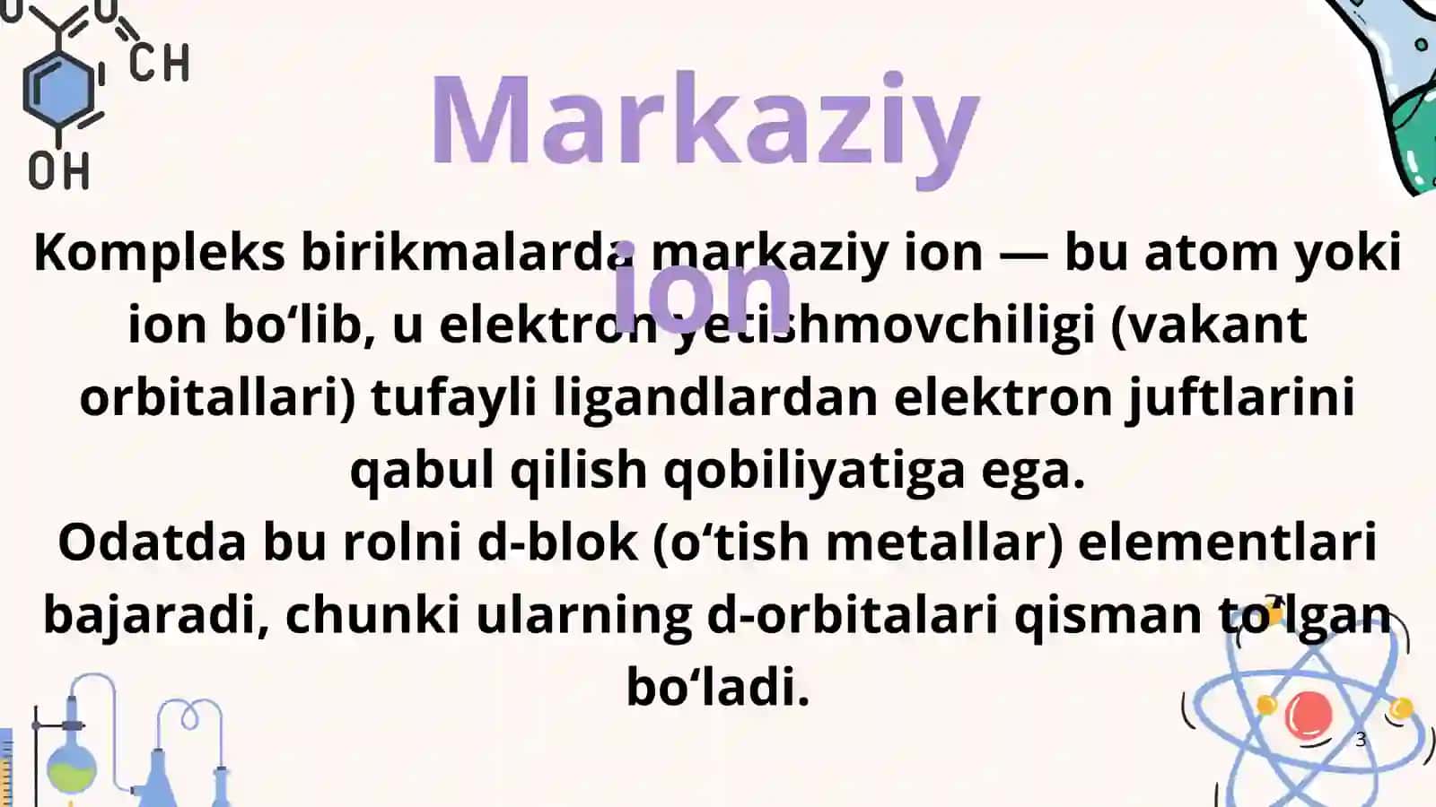 Markaziy ion vakant orbitallarining gibridlanishi 3