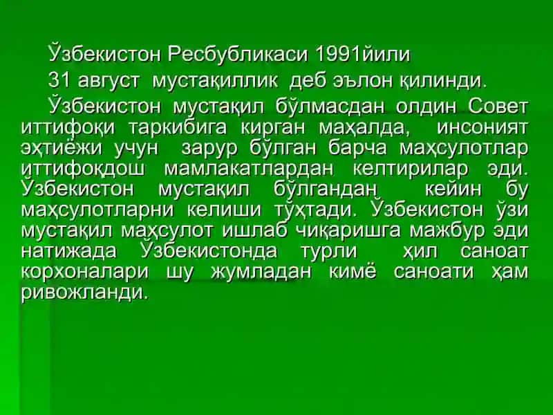 O'zbekistonning kimyo sanoati. Ekalogiya 3