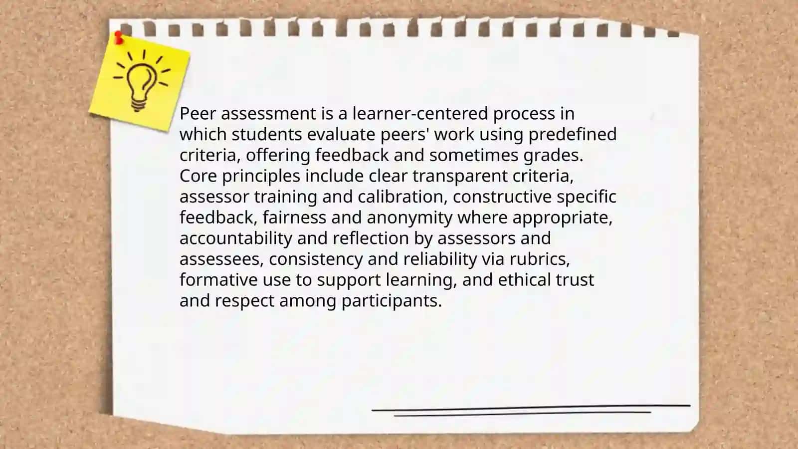 Importance of peer assessment. Benefits of peer assessment. Peer review. Peer assessment is a method  where students evaluate  each other's work providing feedback and grades based on pre-defined criteria . 3