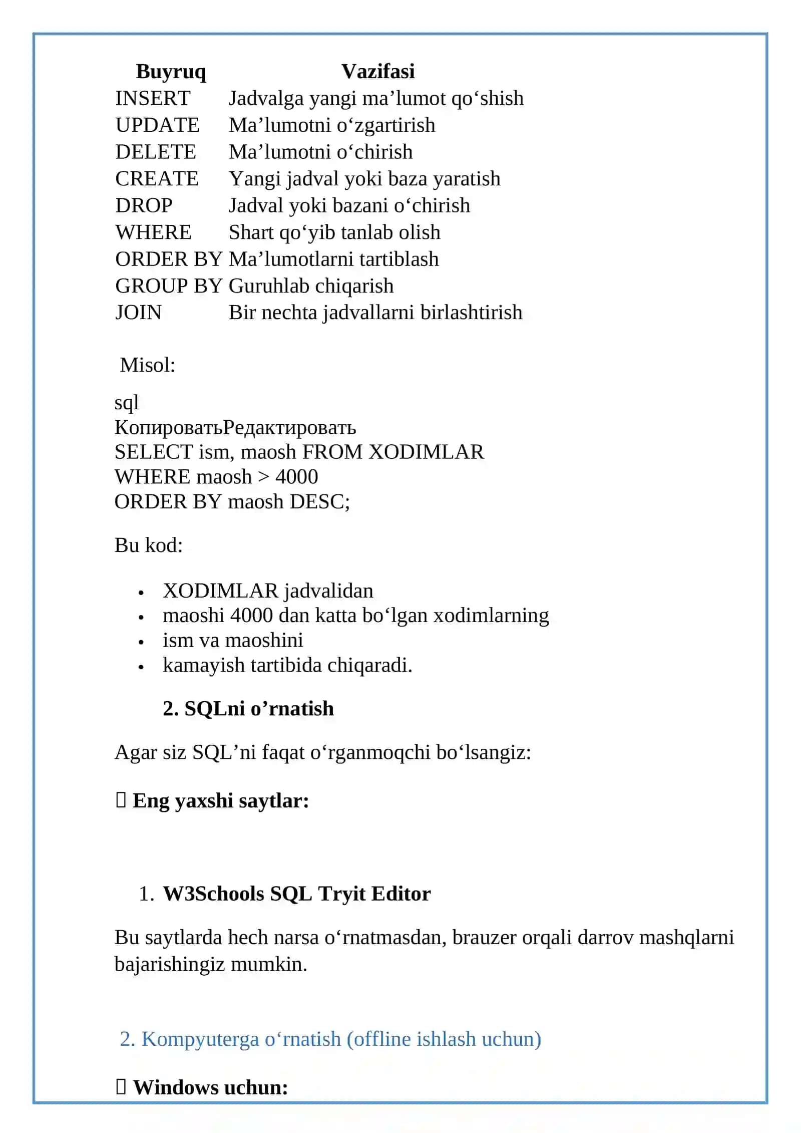 SQL tilida jadvallar yaratish, o'zgartirish va ochirish 3