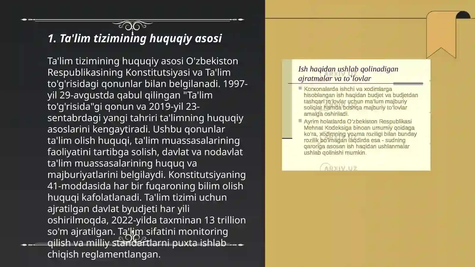 Ta'lim tõğrisidagi qonun respublikamizda ta'lim-tarbiyani tashkil etish va kadrlar tayyorlashning huquqiy asosi sifatida 3