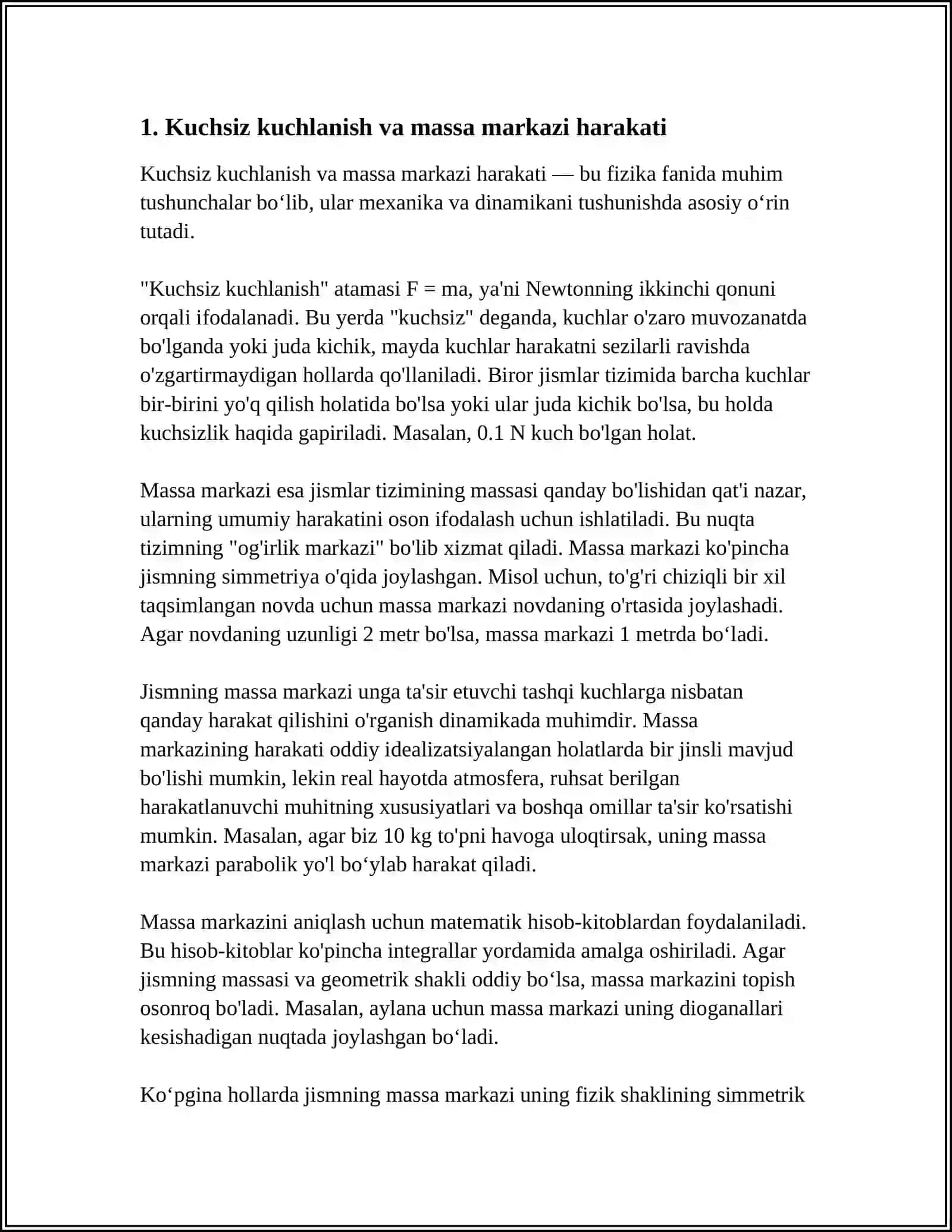 Kuchsiz kuchlanish va massa markazi harakati 3