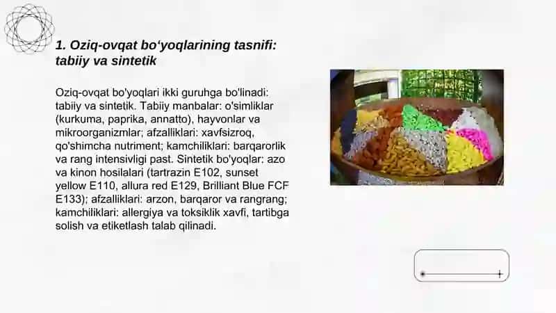 Oziq-ovqat mahsulotlariga rang beruvchi qoʻshimchalar( Boʻyoqlar) 3