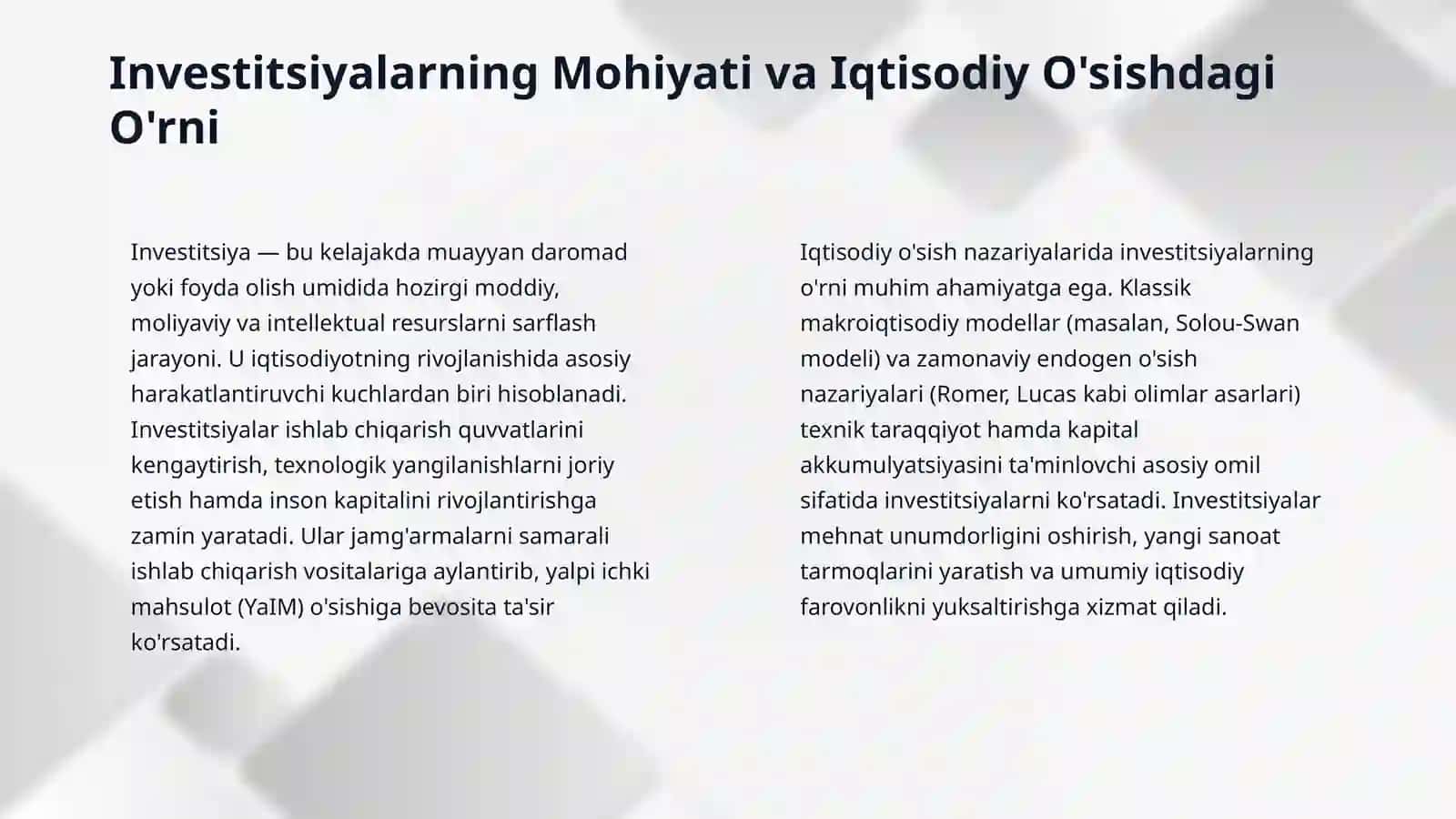 Invistitsiyalarning mazmun,turlari va iqtisodiy o'sishdagi ro'li 3