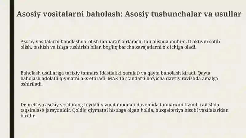 Asosiy vositalarning baholanishi va ularning hisobga olish vazifalari 3
