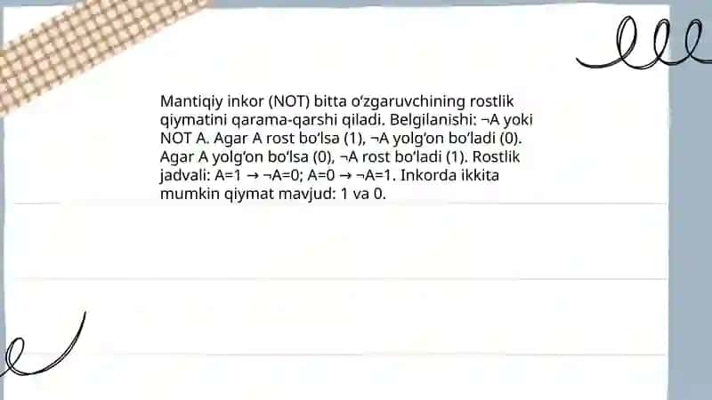 Mantiqiy bog‘lovchilar va ularning rostlik jadvallari 3