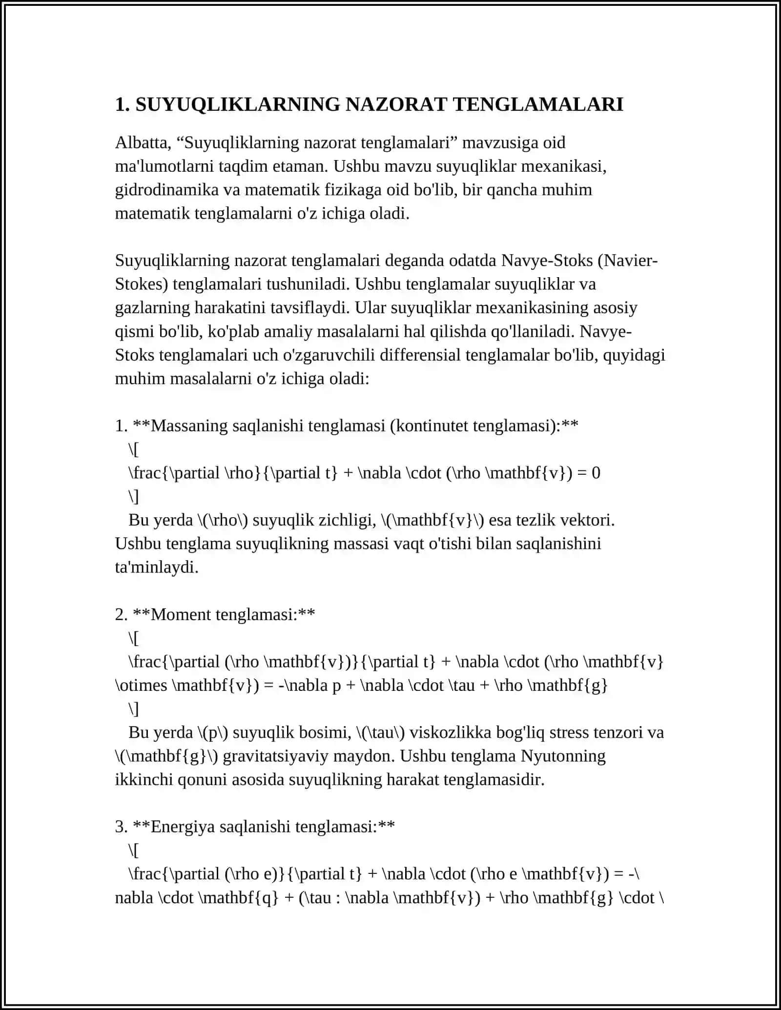 SUYUQLIKLARNING NAZORAT HOLATI DIFFERENSIAL TENGLAMALARI 3