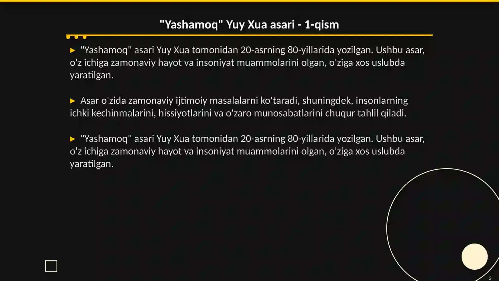 "Yashamoq" Yuy Xua asari 3
