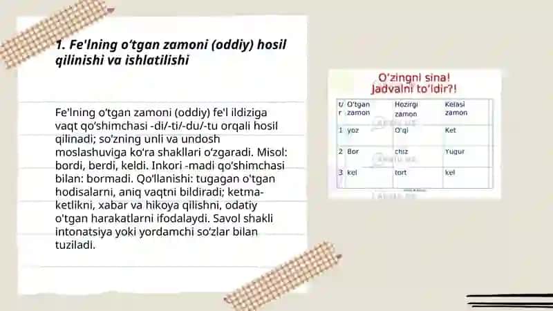 Fe'l zamonlari,ularning turlari ( oʻtgan, hozirgi va kelasi zamon fe'llari) 3
