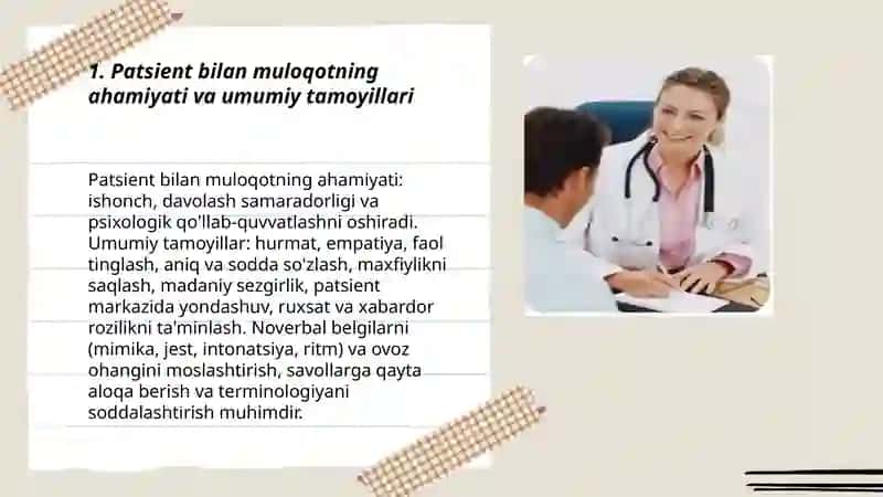 Patsient bilan noverbal, verbal muloqot, ahamiyati, turlari (vaziyat, jest, ovoz, intonatsiya, ritm, mimika) ko'nikmalari 3
