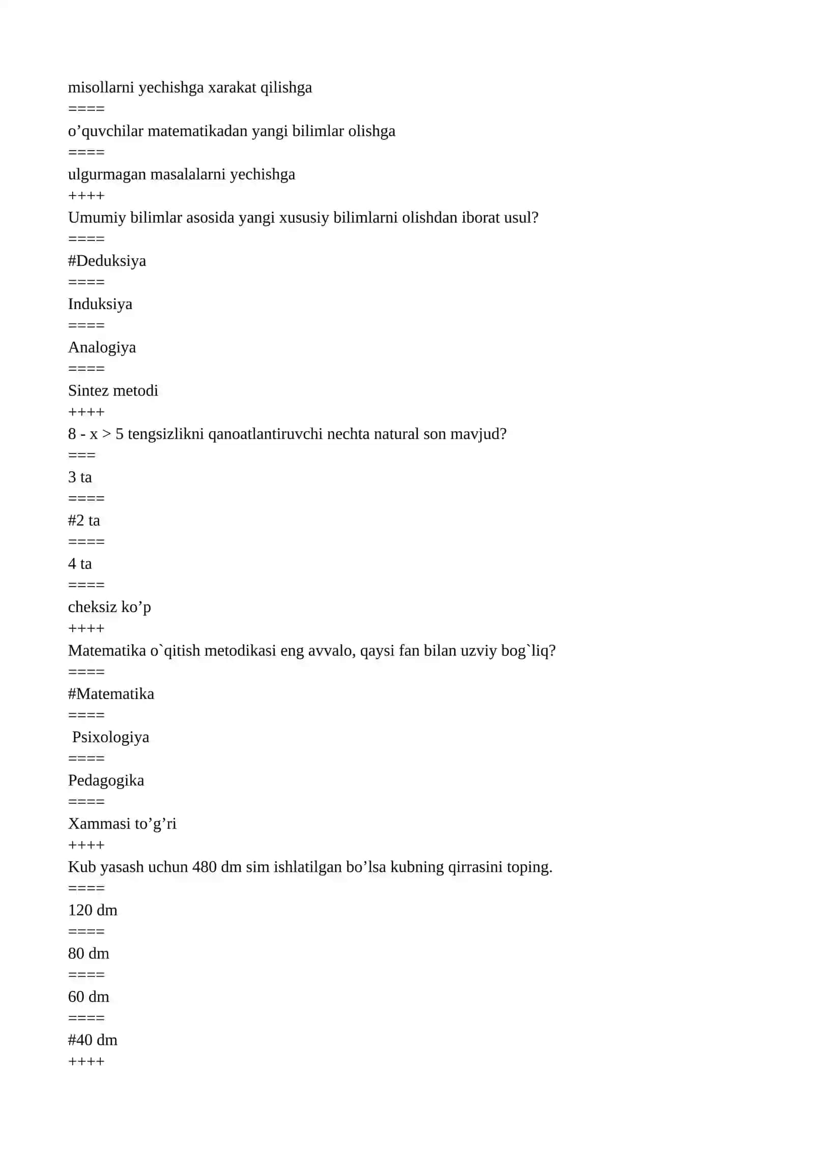 matematika o'qitish metodikasidan testlar to'plami 3