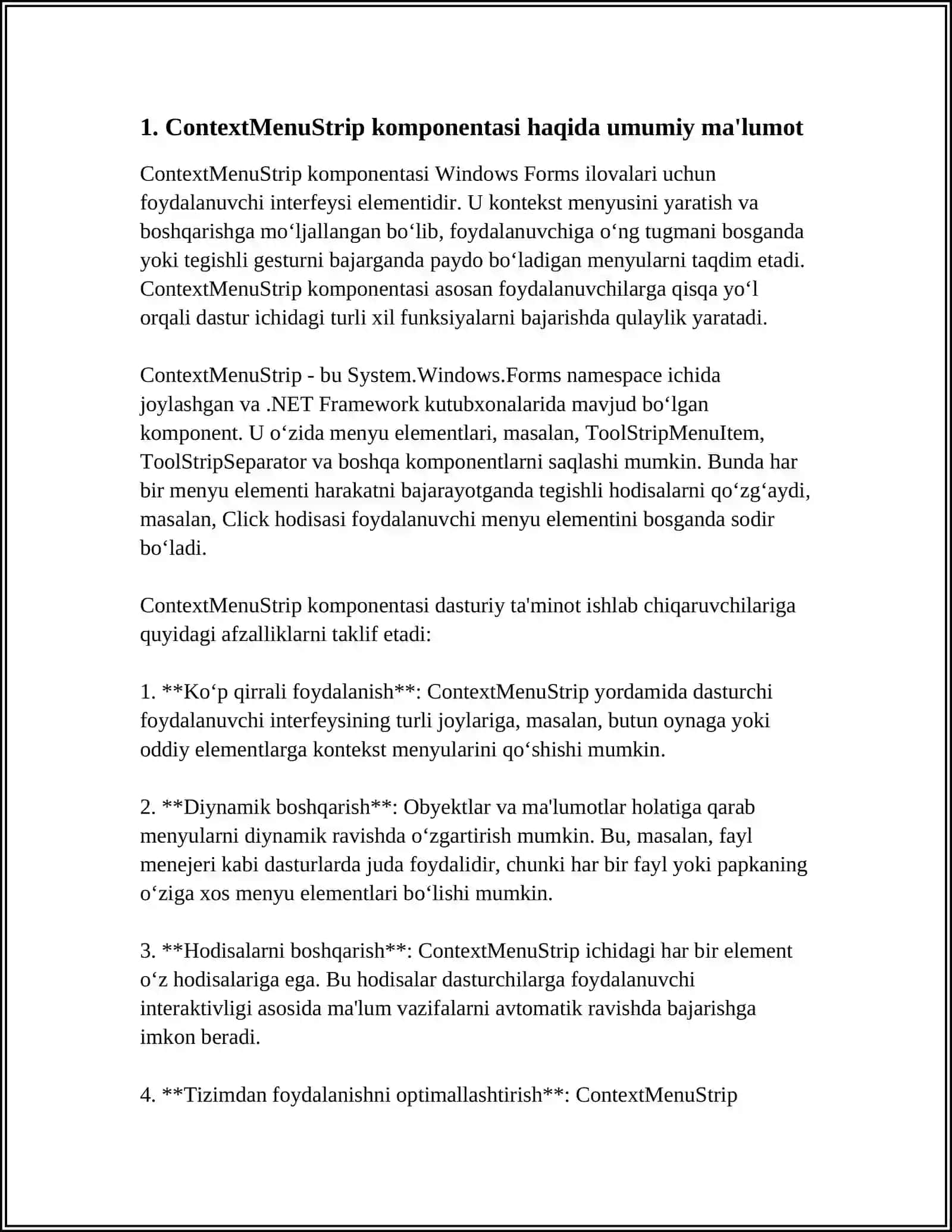 CONTEXTMENUSTRIP KOMPONENTASIDA XOSSALAR VA HODISALAR. HODISALAR ISHLAB CHIQISH 3