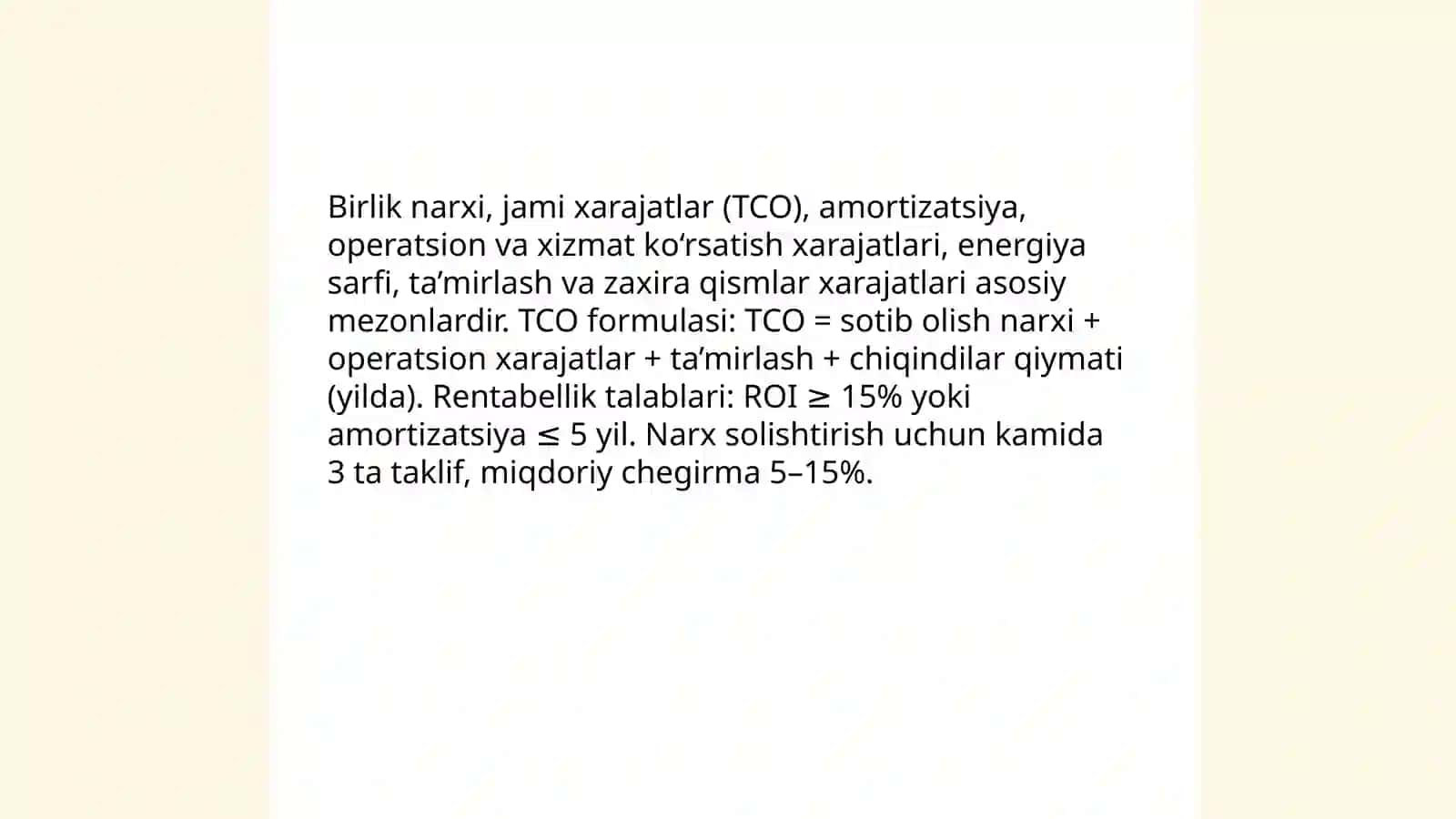 Xarid qilish mezonlari va muddatlari 3
