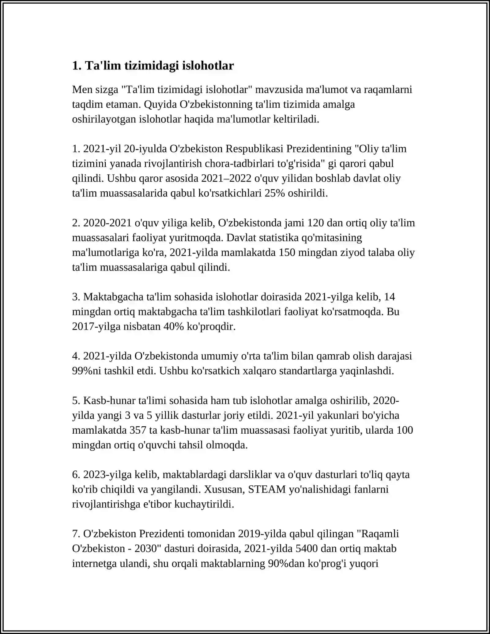 REFERAT: O'ZBEKISTONDA AMALGA OSHIRLAYOTGAN ISLOXATLAR 2024-2025-O'QUV YILI 3