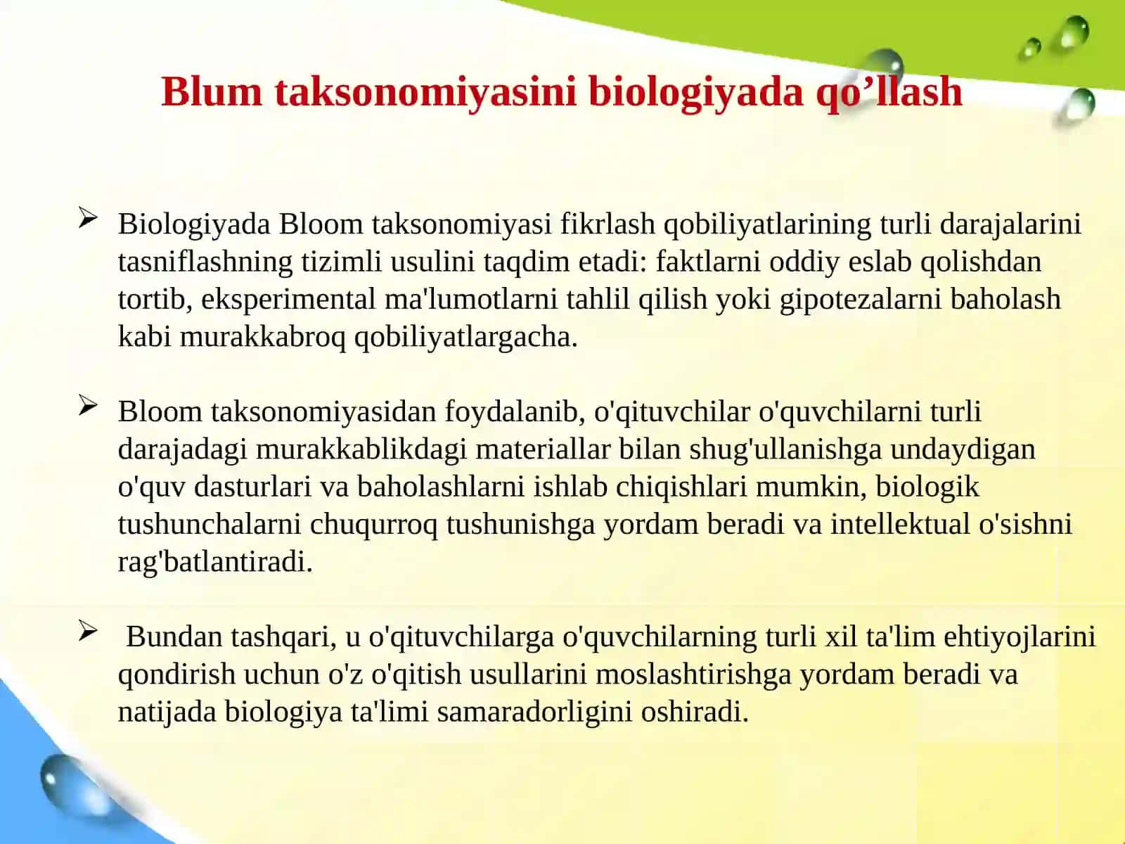 Bloomning maqsadlari va darsda maqsad-mazmun-baholashning moslashuvi 3