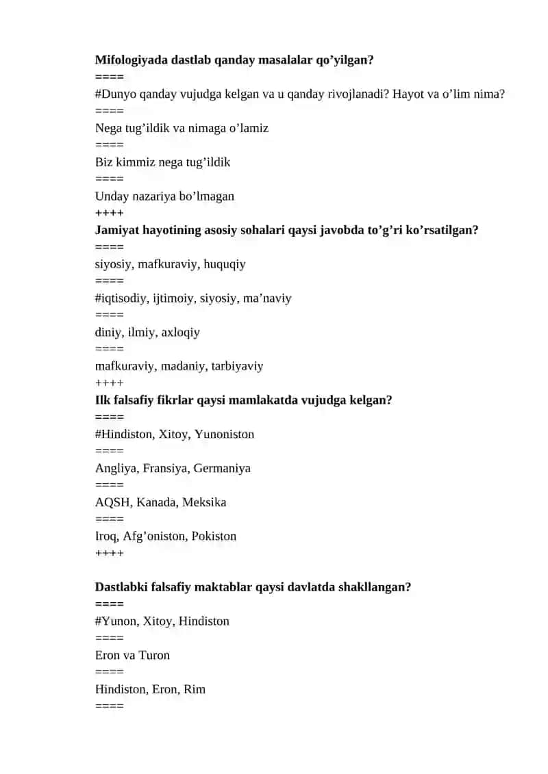 FALSAFA FANIDAN YAKUNIY TEST SOVOLLARI VA JAVOBLARI BILAN 3