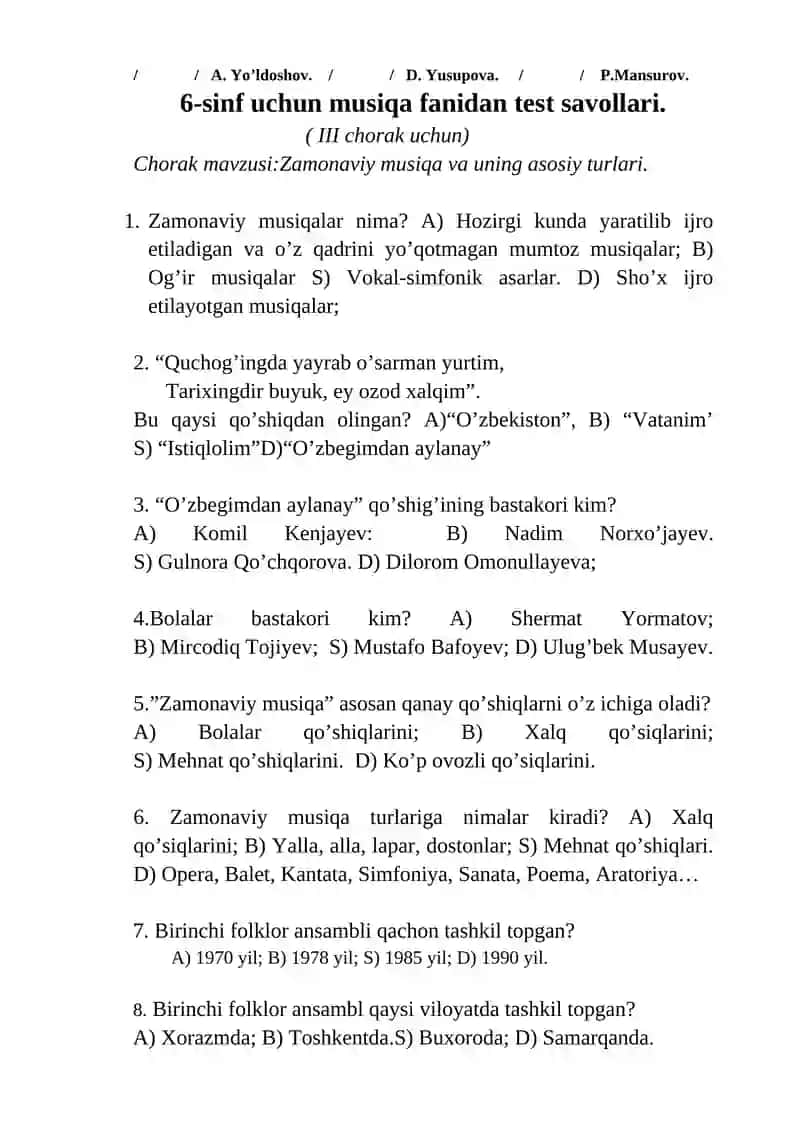 6-sinf uchun musiqa fanidan test savollari 3