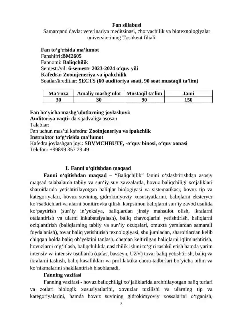 BALIQCHILIK FANINING ISHCHI O‘QUV DASTURI (SILLABUSI) 3