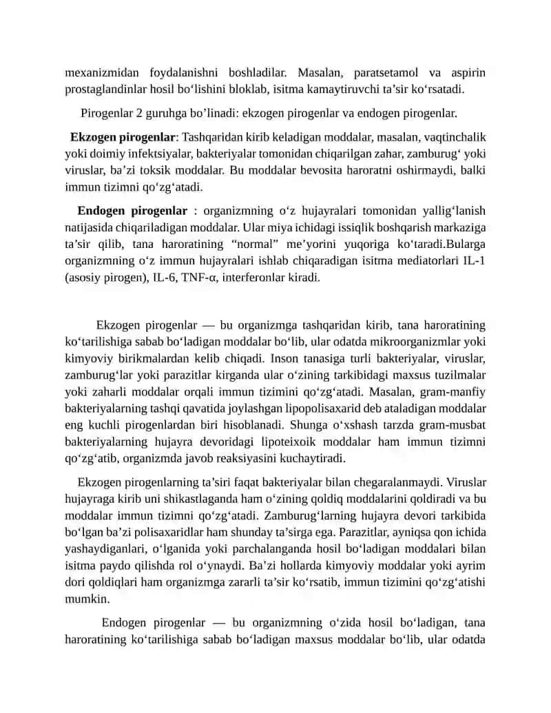 Pirogen moddalarning termoregulyatsiya jarayonidagi ahamiyati 3