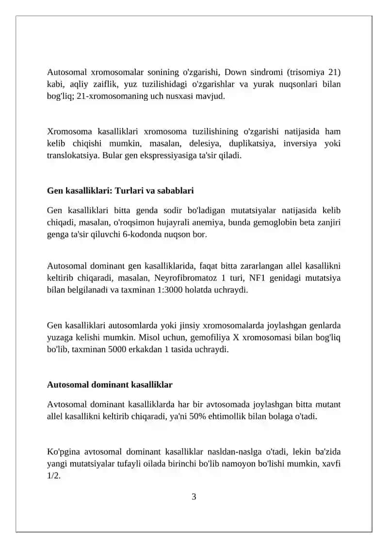 Irsiy kasalliklar. Xromasoma va gen kasalliklari. Tibbiy genetik maslahatlar 3