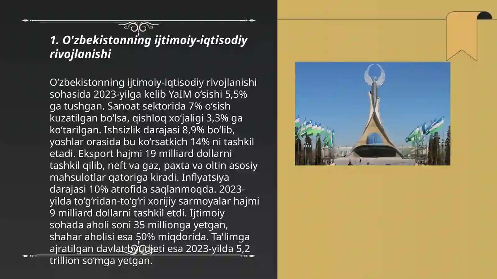 O'zbekistonning hoʻjaligi aholi va tabiiy geografiyasi 3