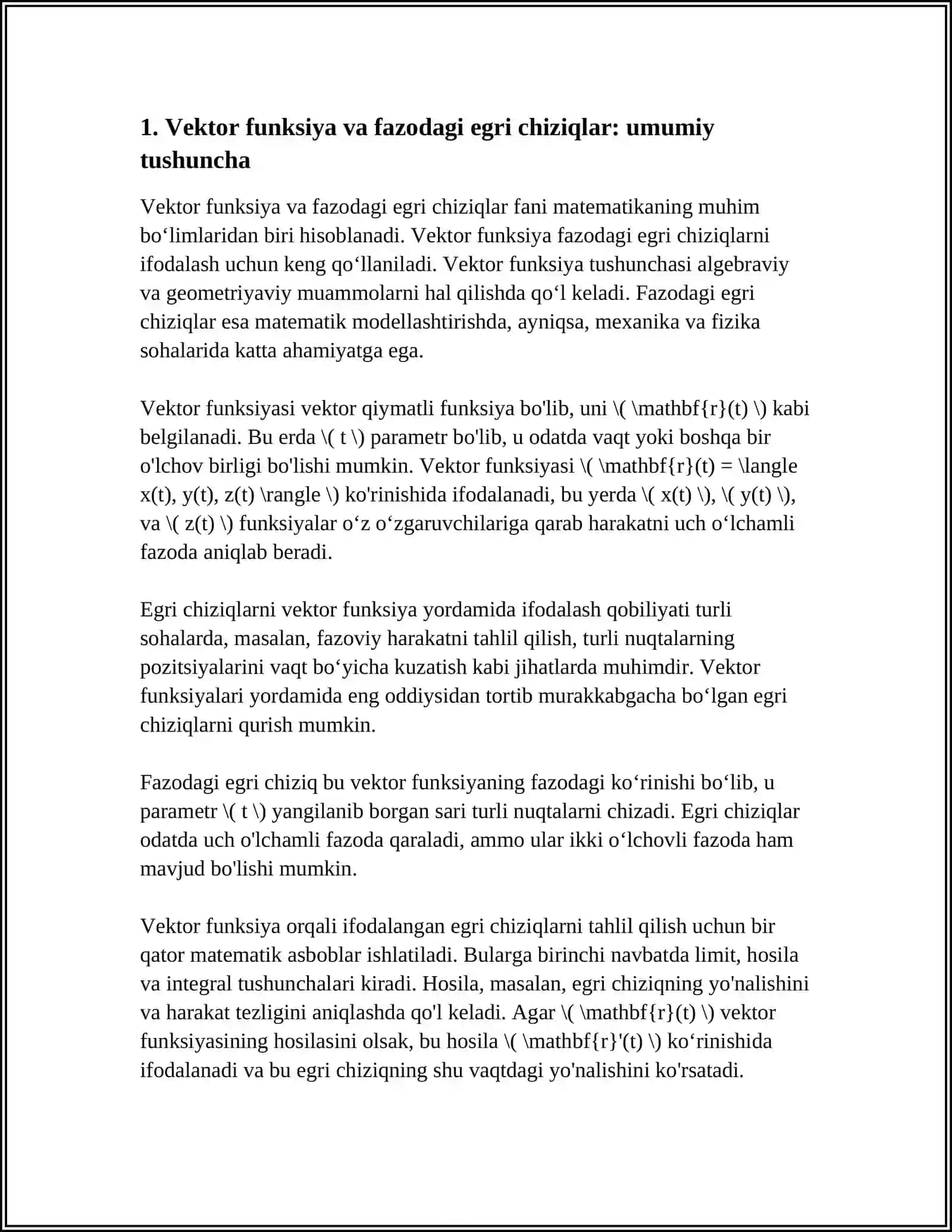 VEKTOR FUNKSIYA VA FAZODAGI EGRI CHIZIQLARI 3
