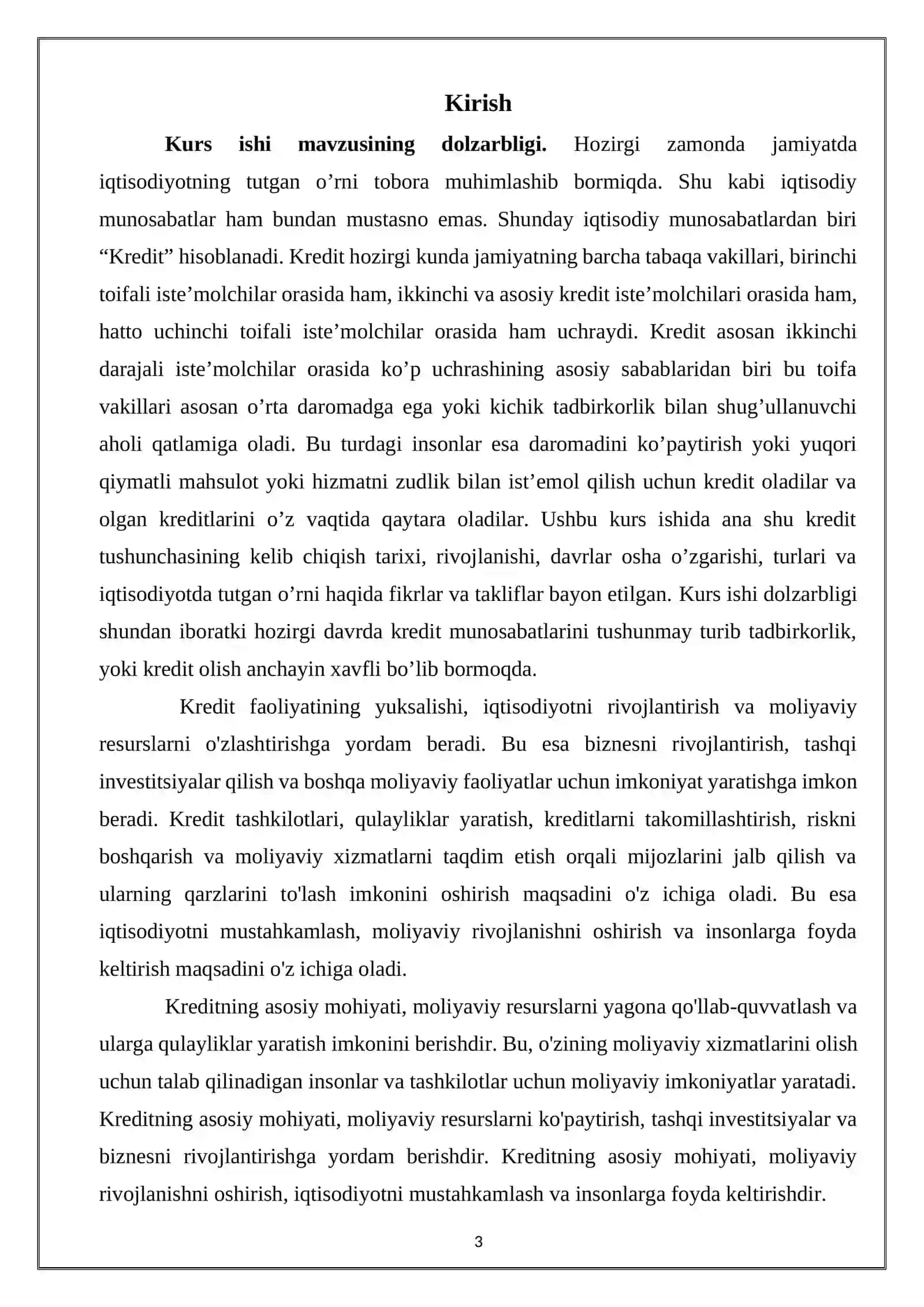 KREDIT VA UNING HOZIRGI ZAMON SHAKLLARI KURS ISHI 3