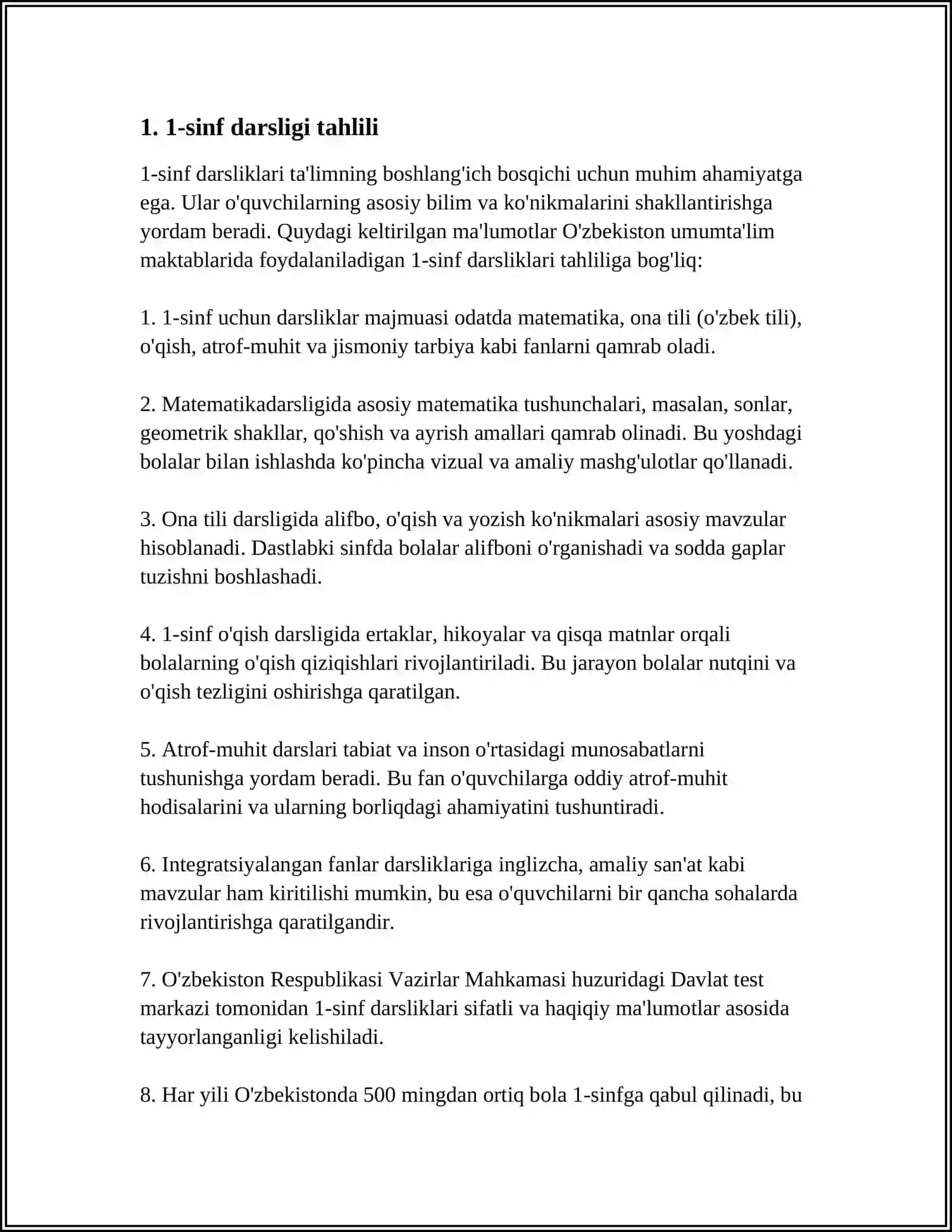1-SINF TARBIYA DARSLIGINI OʻRGANISH REFERAT 3