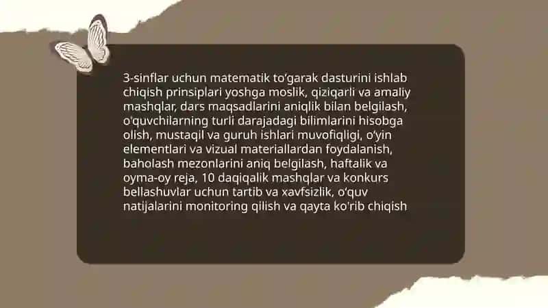 Matematikadan toʻgarak,oʻn minutliklar, konkurs bellashuvlar,va mashgʻulotlarni tayyorlash va oʻtkazish metodikasi(3-sinf misolida) 3