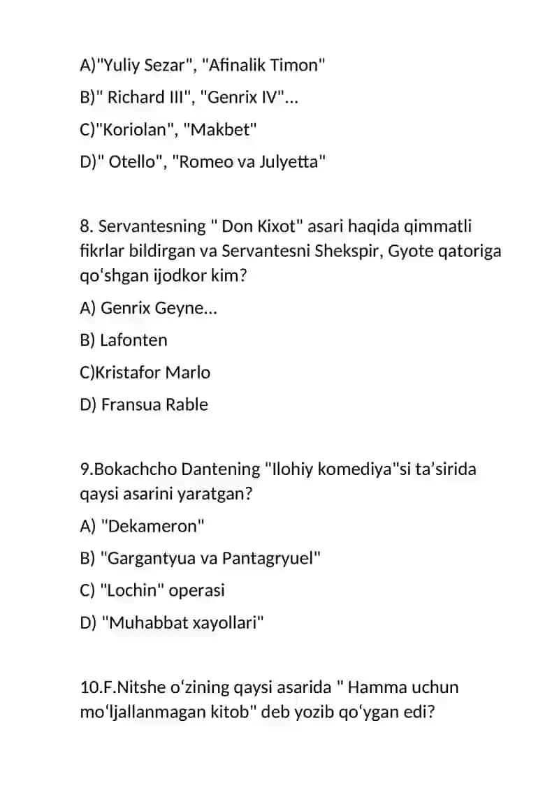 Jahon adabiyoti fanidan test savollari 3
