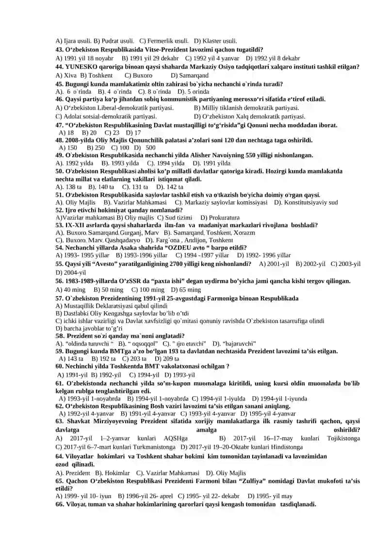 O’ZBEKISTONNING ENG YANGI TARIXI FANIDAN TESTLAR TO’PLAMI. 3