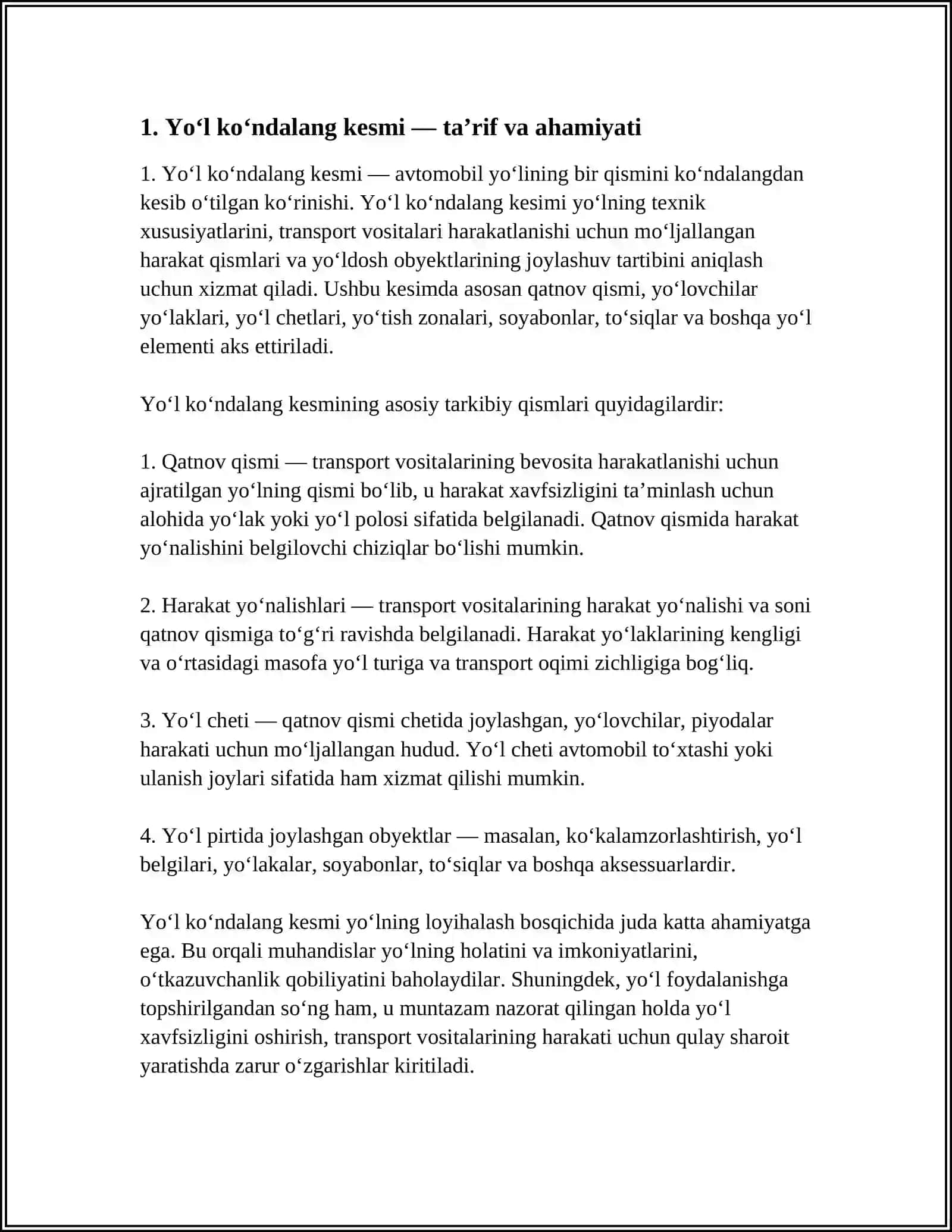YOʻL KOʻNDALANG KESMI VA UNING ELEMENTLARI 3