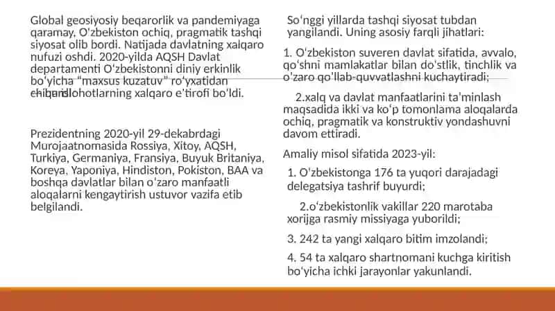 O‘zbekistonning faol tashqi siyosatining yangi bosqichi 3