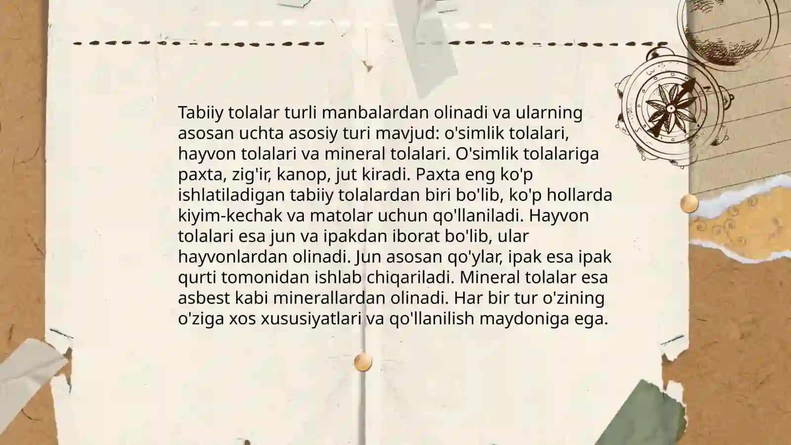 Tabiiy va kimyoviy tolalar, ularning olinishi va ishlatilishini o'rganish 3
